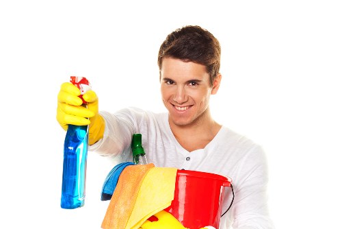Local technician cleaning a sofa in a flat or apartment setting