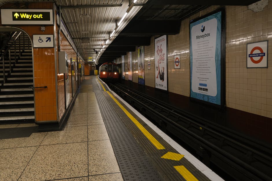 Interior view of a London Underground station platform showing a train approaching in the distance. The platform is clean with a tiled floor and a tactile yellow warning strip along the edge for safety. To the left, there is a staircase with orange tiled walls leading to an upper level, and a black and yellow 'Way out' sign is visible above. On the wall behind the platform, there are several advertising posters, including a blue Moneybox poster, as well as station signage such as the Morden West roundel symbol. The station lighting is bright, illuminating the tiled surfaces and train, reflecting a well-maintained environment consistent with effective surface cleaning and hygiene standards. Cleaners Hounslow would highlight the importance of sanitary conditions in high-traffic public transport areas like this, emphasizing their expertise in deep cleaning and sanitisation of commercial spaces.